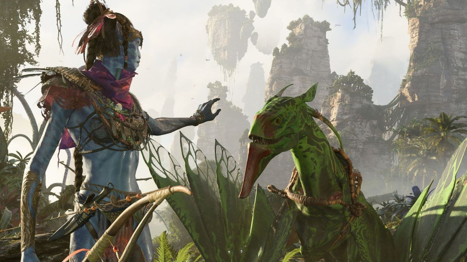 A Na'vi taming the Ikran in Avatar: Frontiers of Pandora