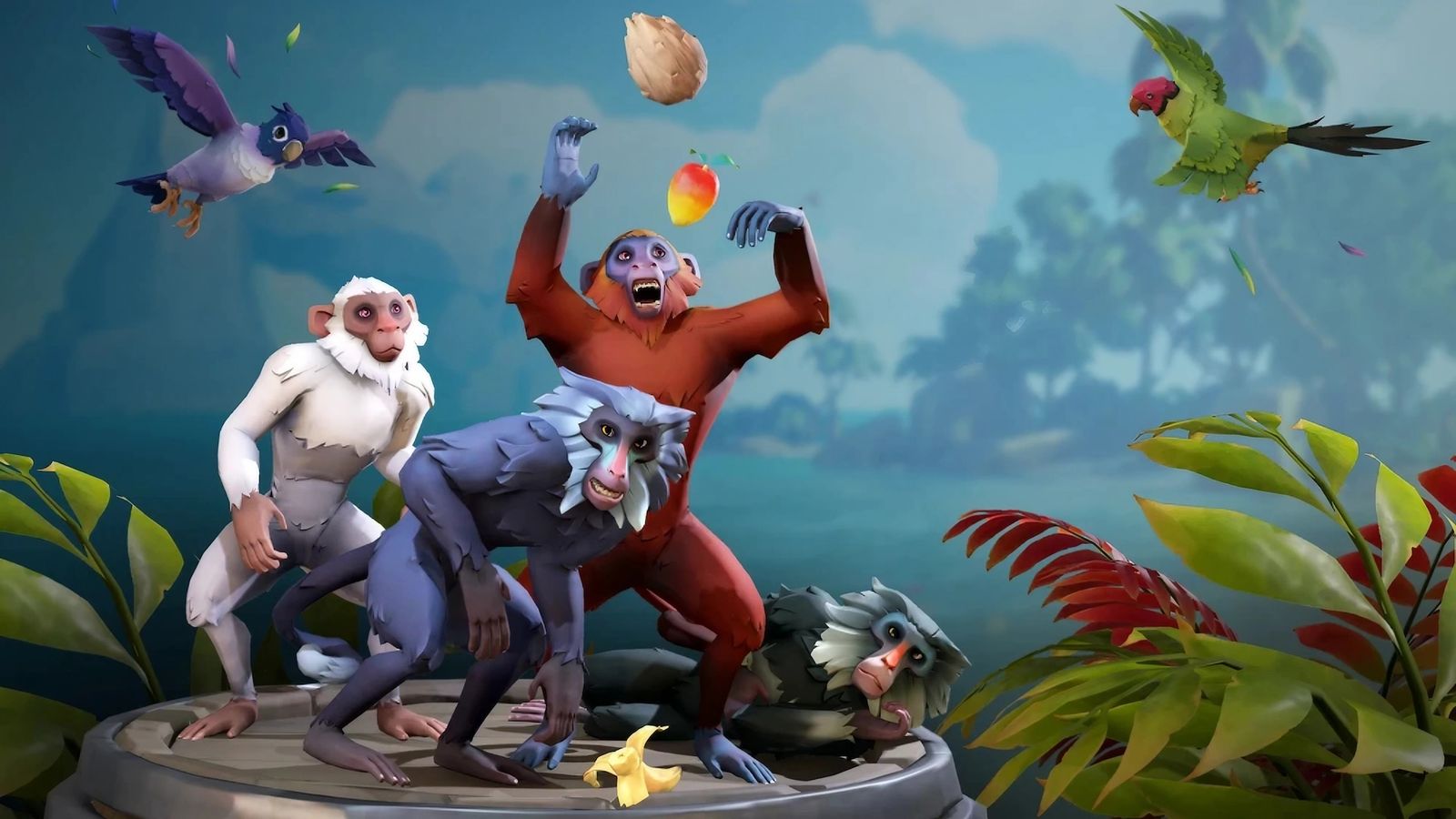 Sea of Thieves monkeys standing on platform with birds flying overhead