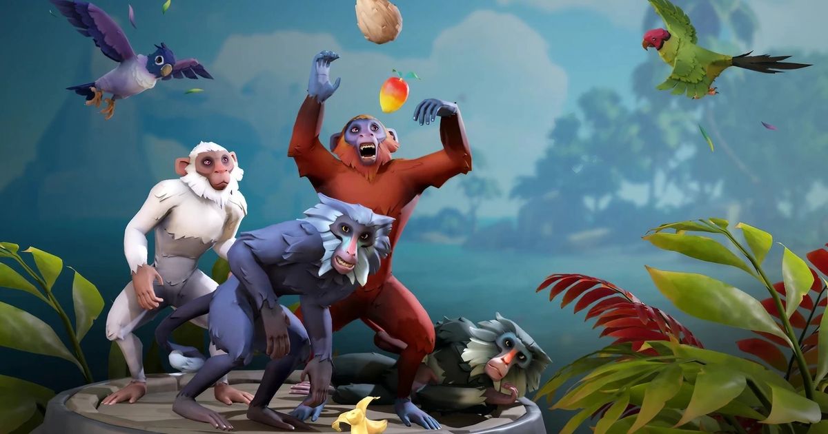 Sea of Thieves monkeys standing on platform with birds flying overhead