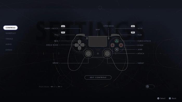A screenshot of the PlayStation 4 controls of Star Wars Jedi: Fallen Order.
