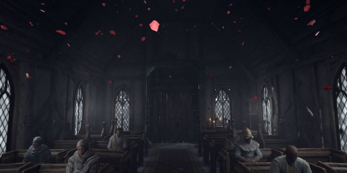 A chapel filled with characters in Diablo 4.
