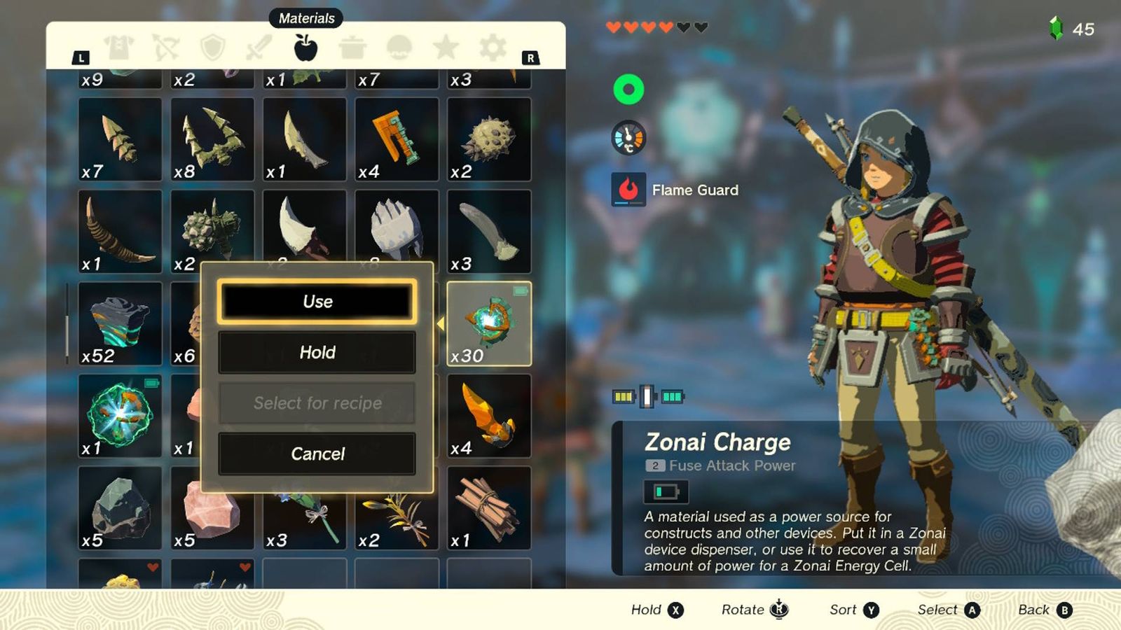 The Zonai Charges in Link's inventory in Zelda Tears of the Kingdom.