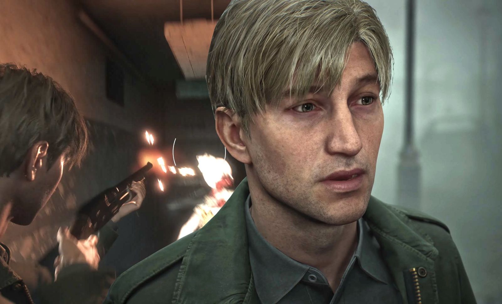 Silent Hill 2 Remake James Sunderland looking to the side next to an image of him attacking a nurse