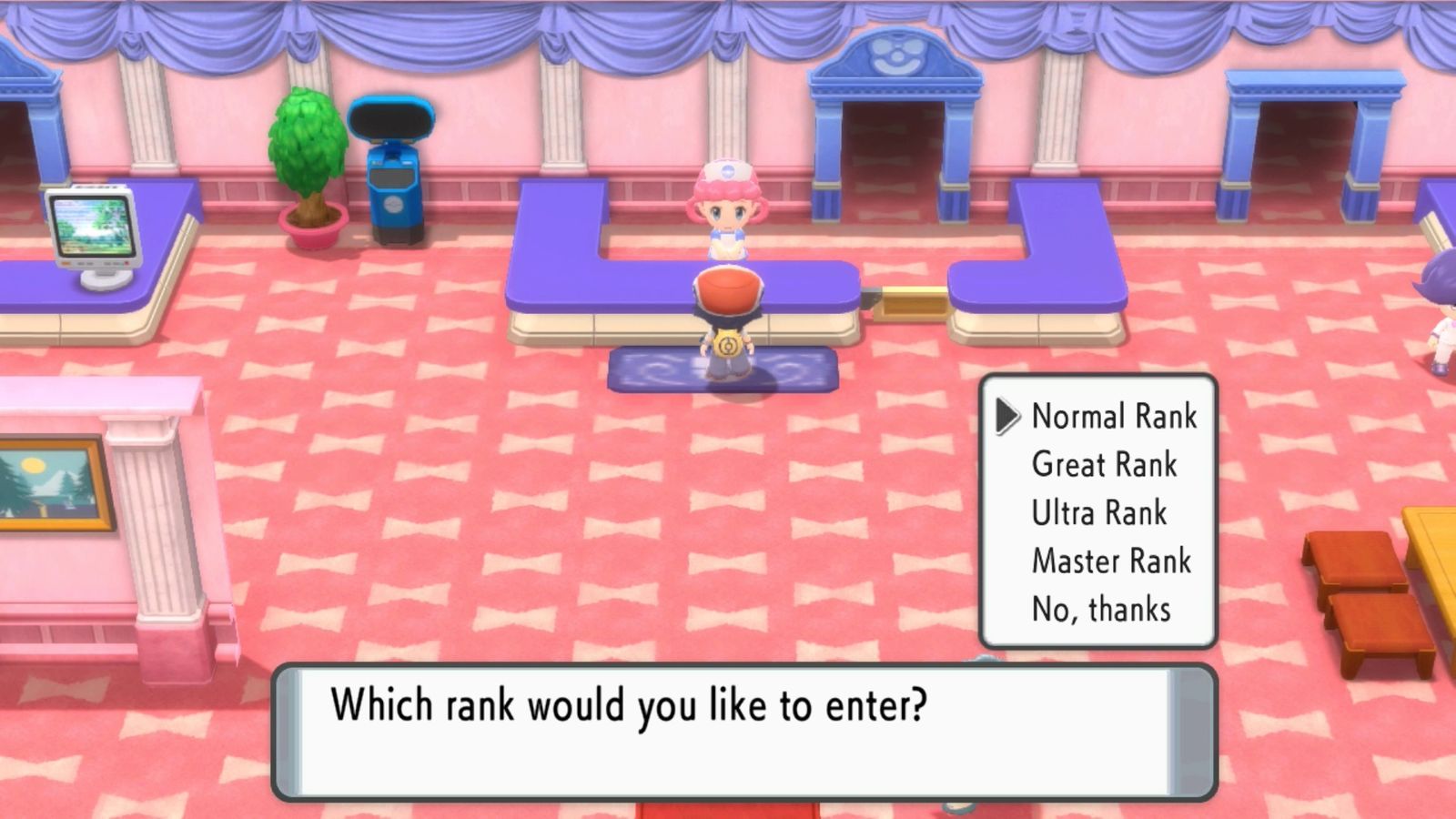 A Pokémon Trainer choosing which rank to take part in for the Super Contest Show in Hearthome City in Pokémon Brilliant Diamond and Shining Pearl.