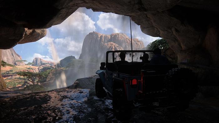 An image of two characters sitting in a jeep in Uncharted 4.
