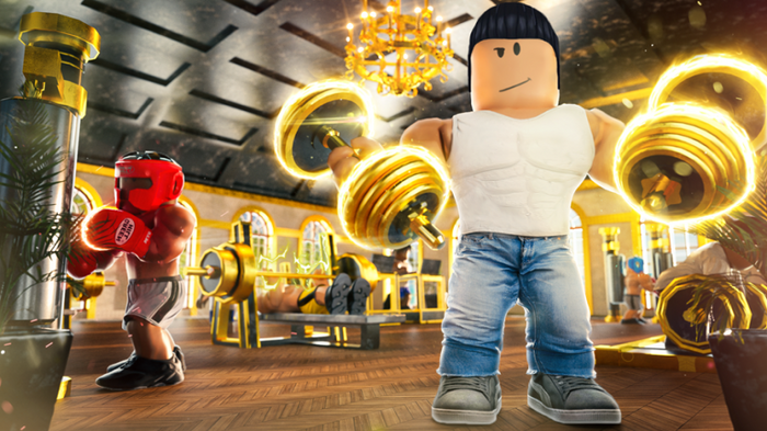 Artwork for Gym Tycoon featuring a Roblox character dressed in a tank top and denims.