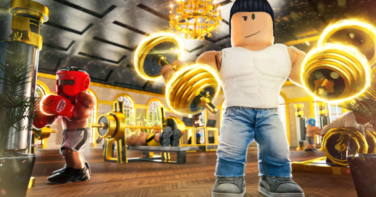 Artwork for Gym Tycoon featuring a Roblox character dressed in a tank top and denims.
