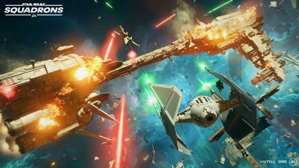 Grey spaceships shooting green and red lasers at each other in Star Wars: Squadrons.