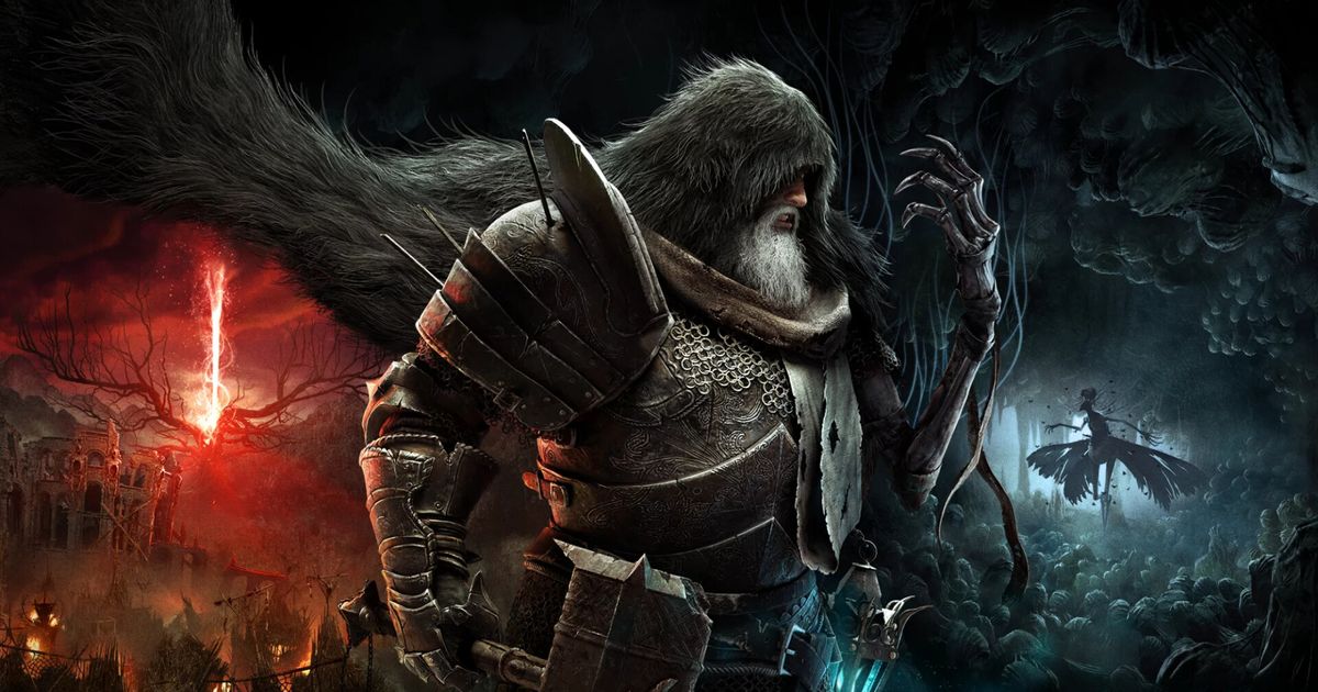 A promotional image for Lords of the Fallen showing a Dark Crusader and the realms of Axiom and Umbral in the background.