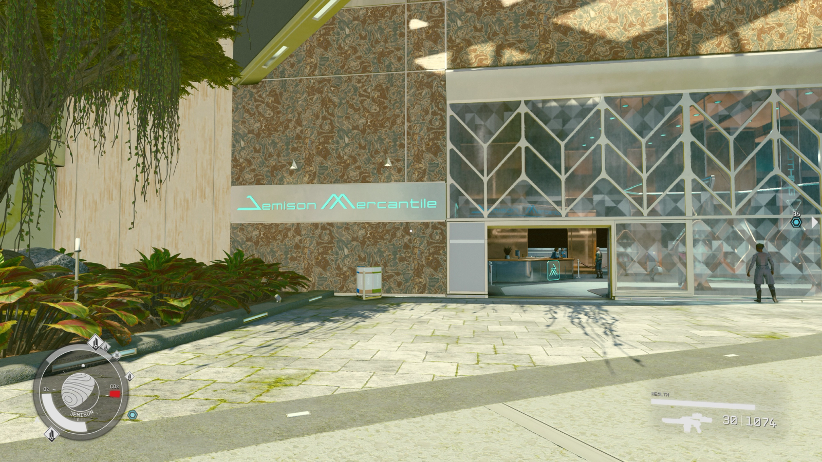 Screenshot of the exterior of Jemison Mercantile, a store in Starfield where you can buy chlorosalines.