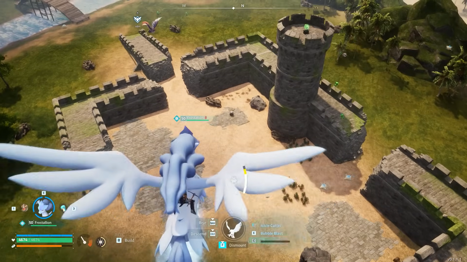 Player riding a Pal over the windswept hills fort.