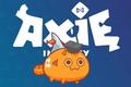 Axie Infinity NFT character in front of Axie Infinity logo on blue background