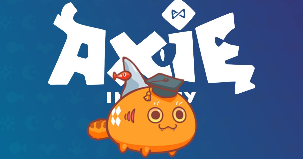 Axie Infinity NFT character in front of Axie Infinity logo on blue background