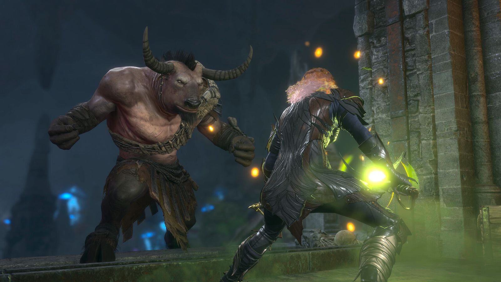A Baldur's Gate 3 character engaged in combat with a minotaur