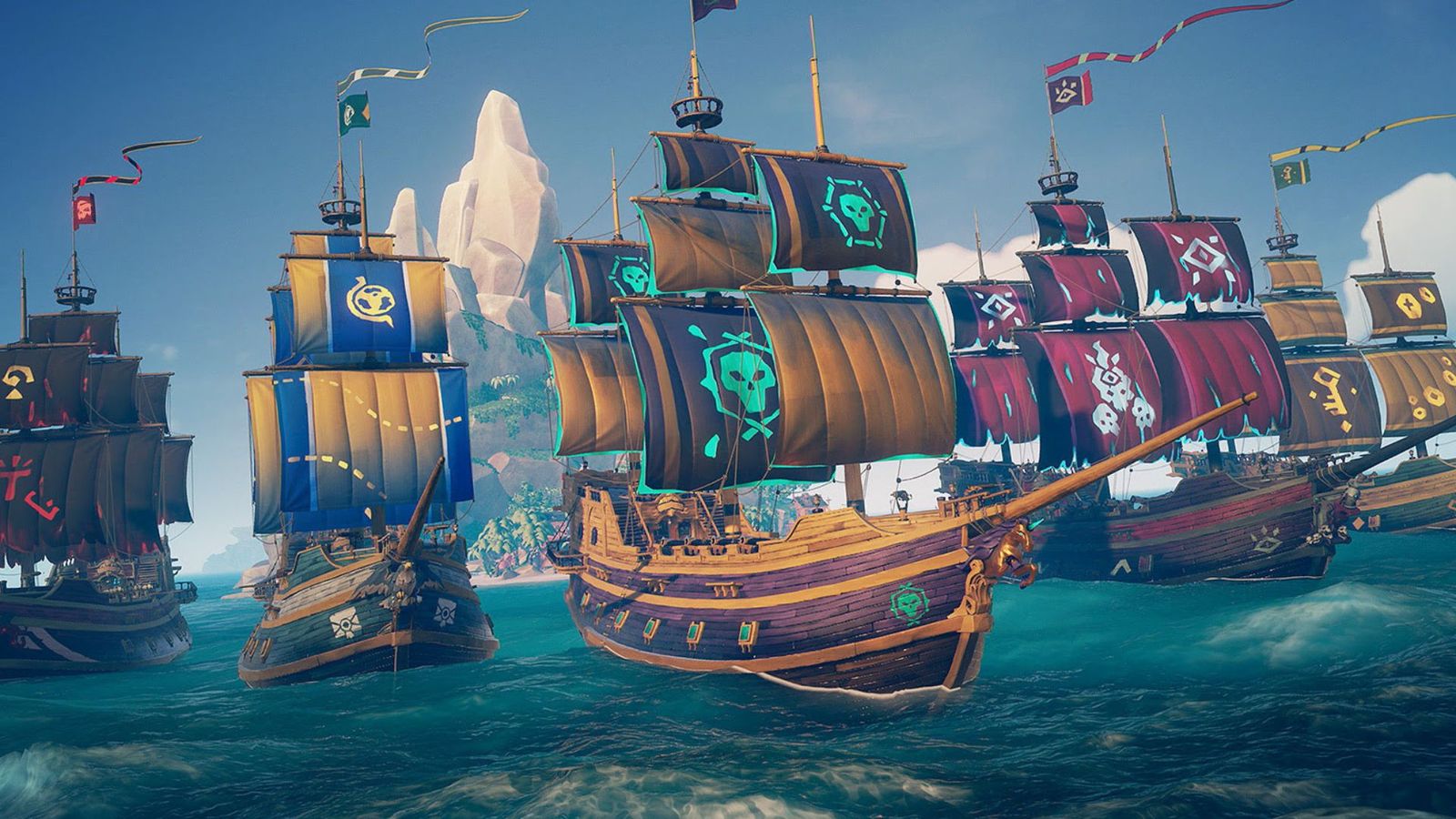 Sea of Thieves ships leaving an island