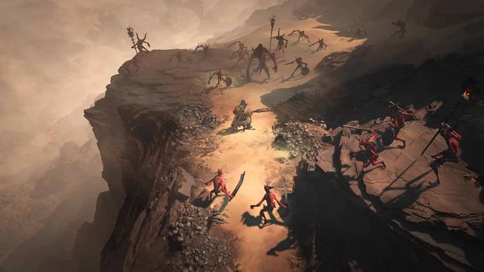 A fight taking place on cliffside in Diablo 4.