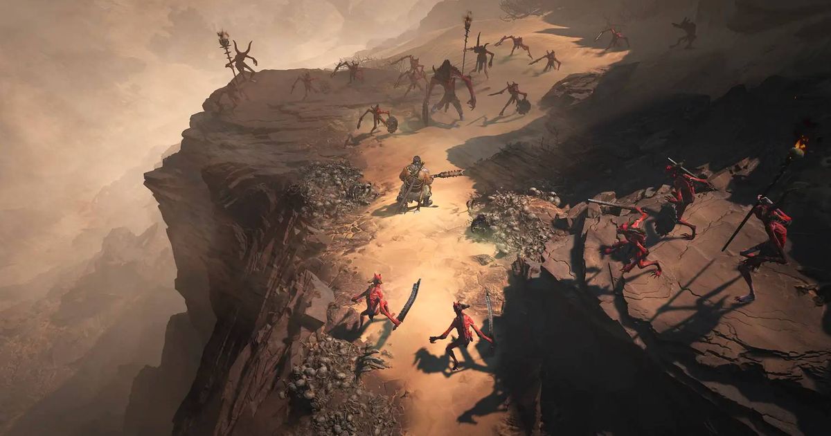 A fight taking place on cliffside in Diablo 4.