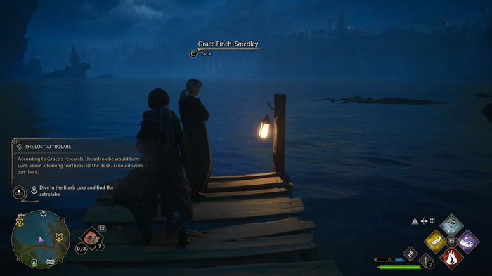 A screenshot of two characters together at a dock in Hogwarts Legacy.