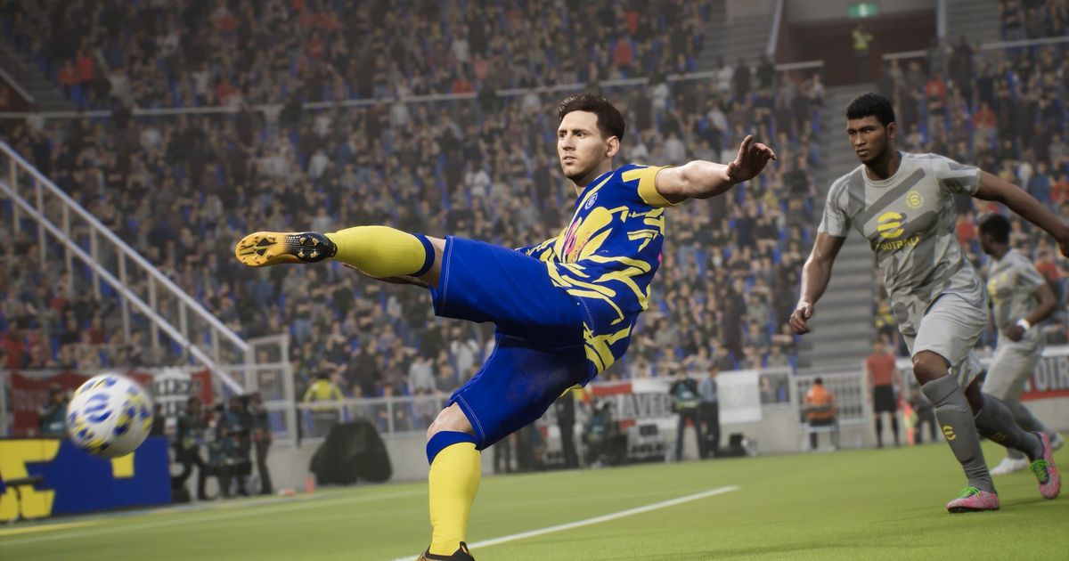 Image of Lionel Messi scoring a volley in eFootball 2022.