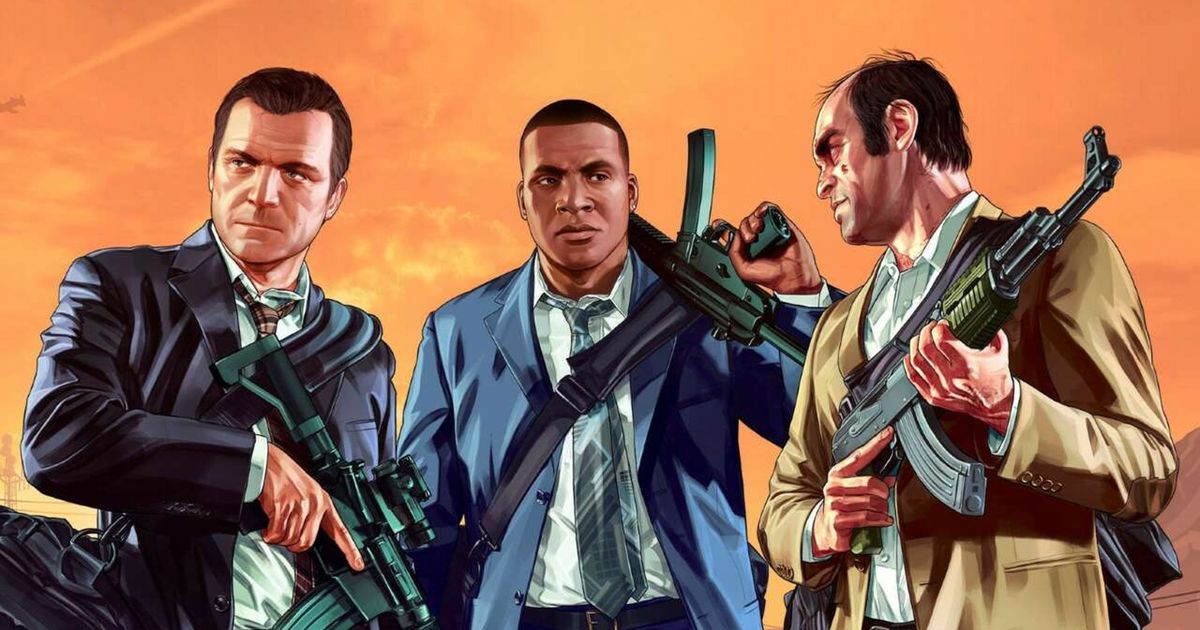 GTA 5 protagonists Michael, Franklin and Trevor standing in a sunset background holding weapons
