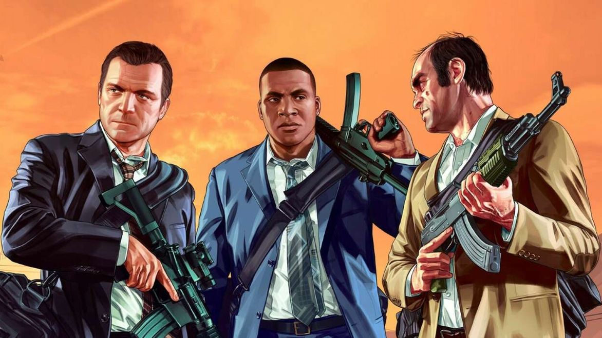 GTA 5 protagonists Michael, Franklin and Trevor standing in a sunset background holding weapons