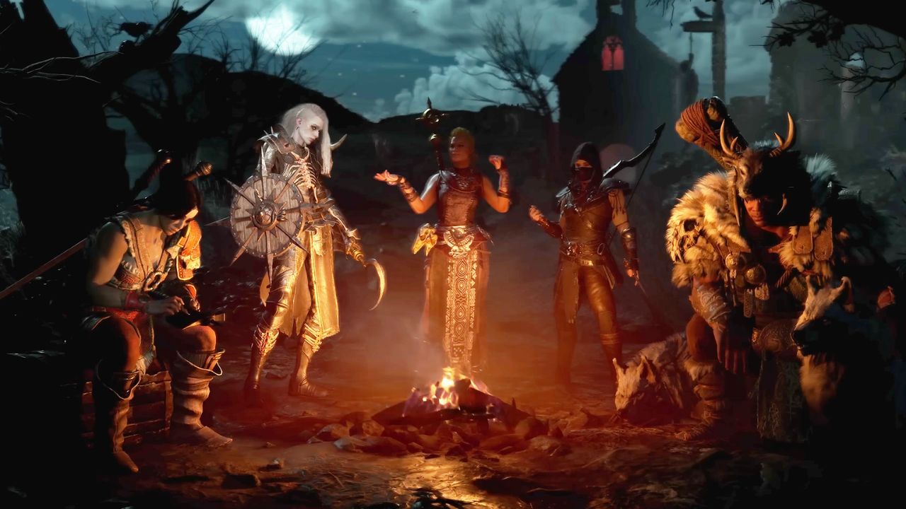A group of characters by a fire pit in Diablo 4.