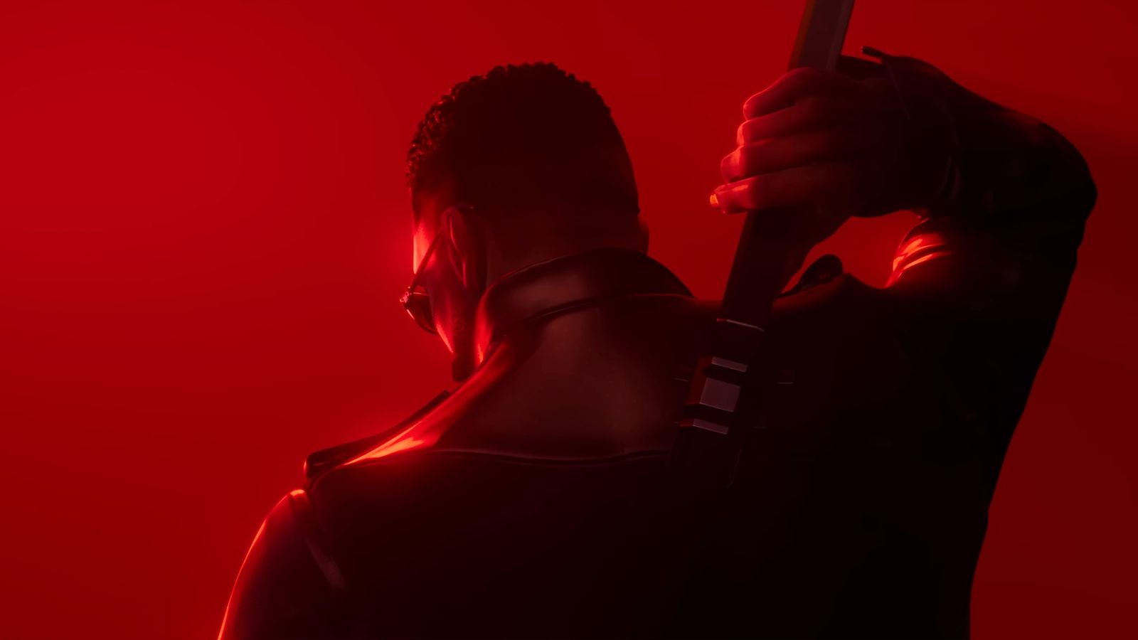 Marvel's Blade - man facing away from the camera, drawing a sword from his back in front of a solid red background