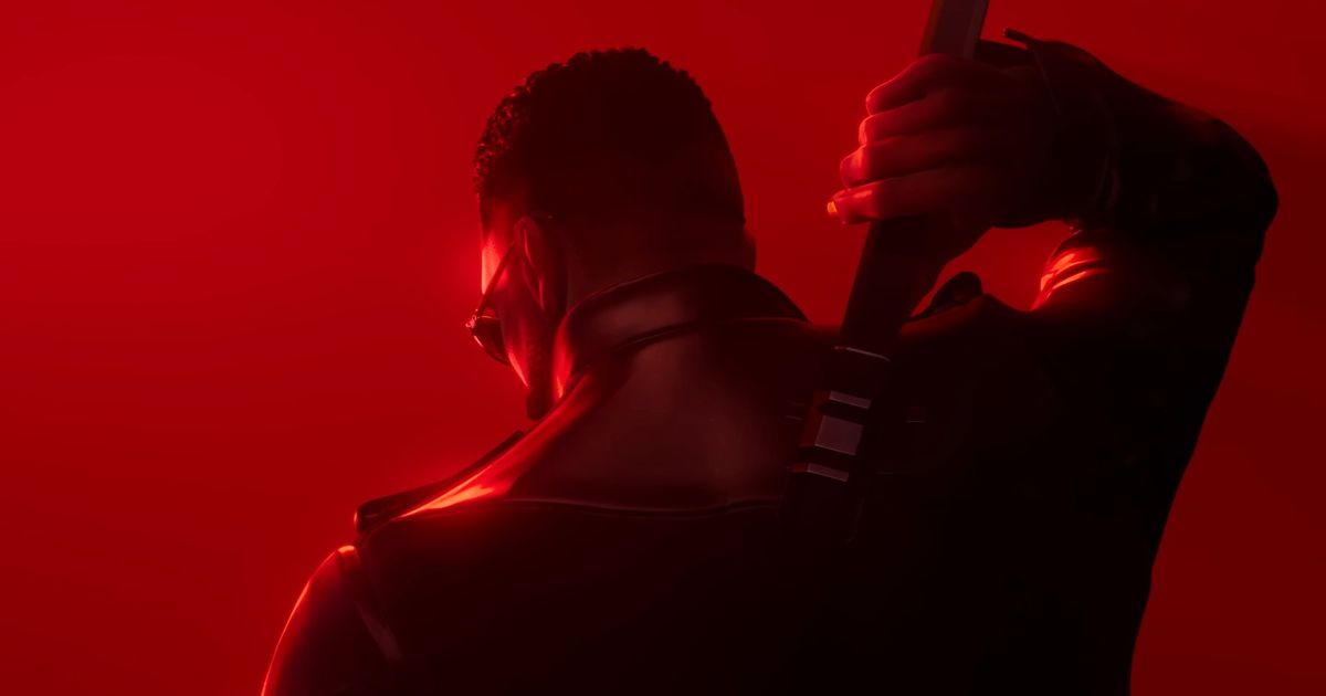 Marvel's Blade - man facing away from the camera, drawing a sword from his back in front of a solid red background