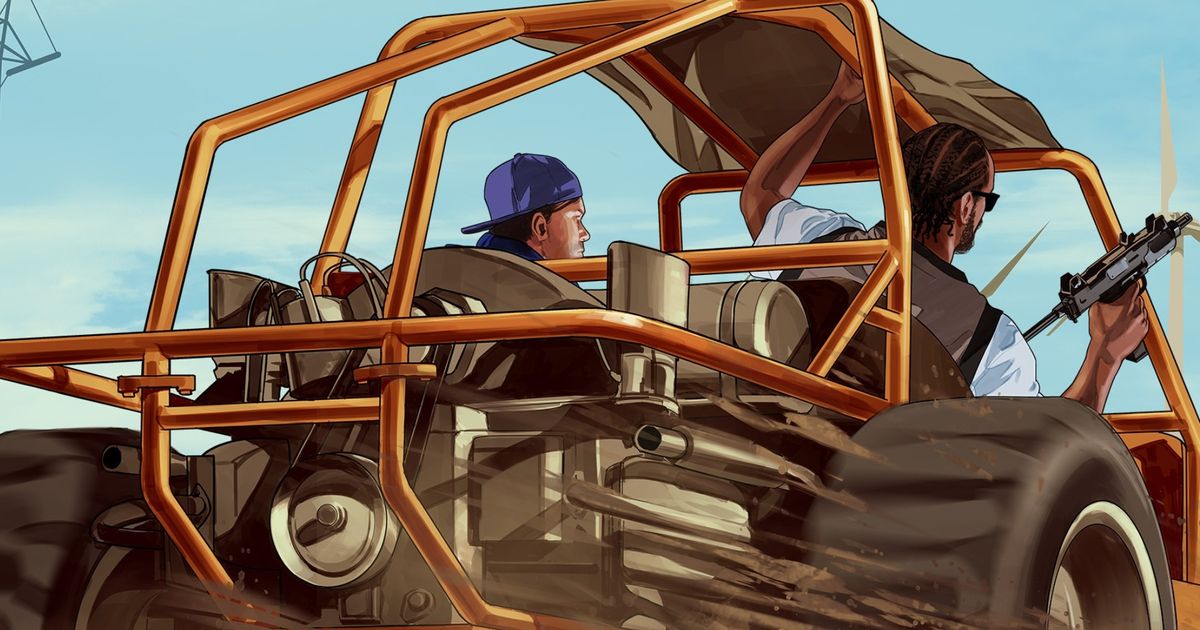 GTA Online Official Desert Artwork. Two players in a dune buggy.