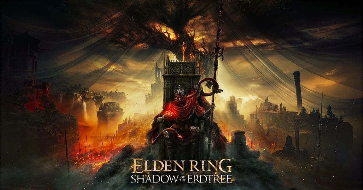 Cover art for ELDEN RING Shadow of the Erdtree DLC featuring a character drapped in red sitting on a throne-style chair.