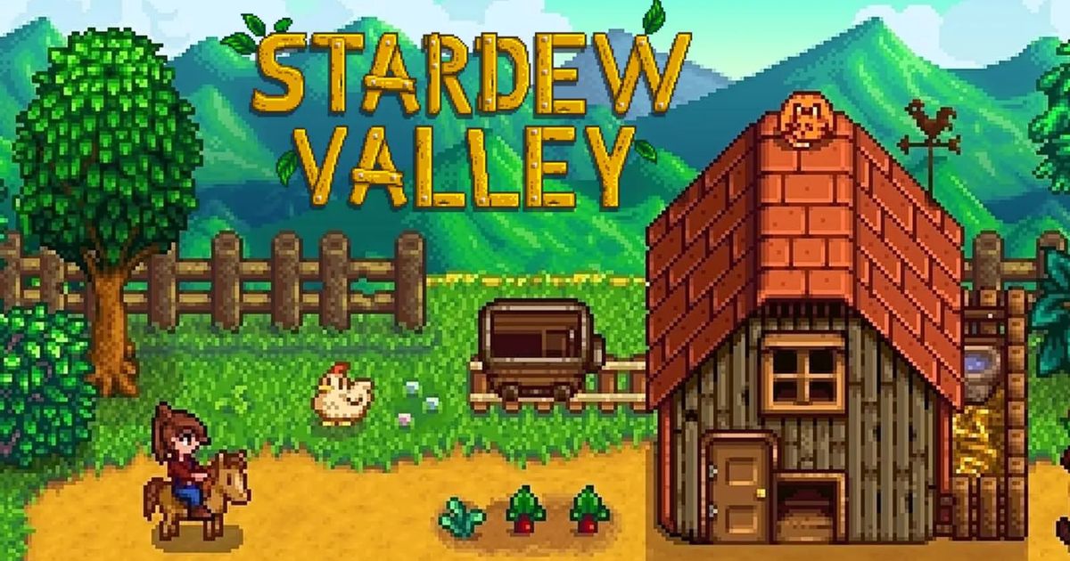 The Stardew Valley logo made from twigs above a 2D farming landscape featuring someone on a horse, a house, and mine cart.