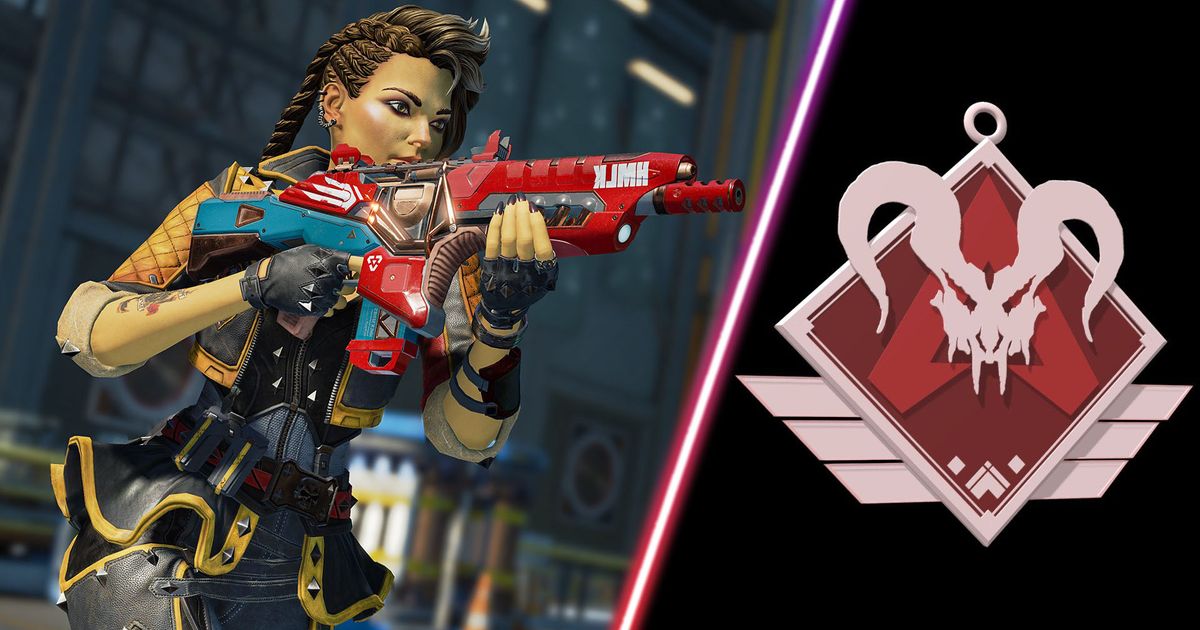 Apex Legends player aiming with gun and Apex Legends Predator badge on black background