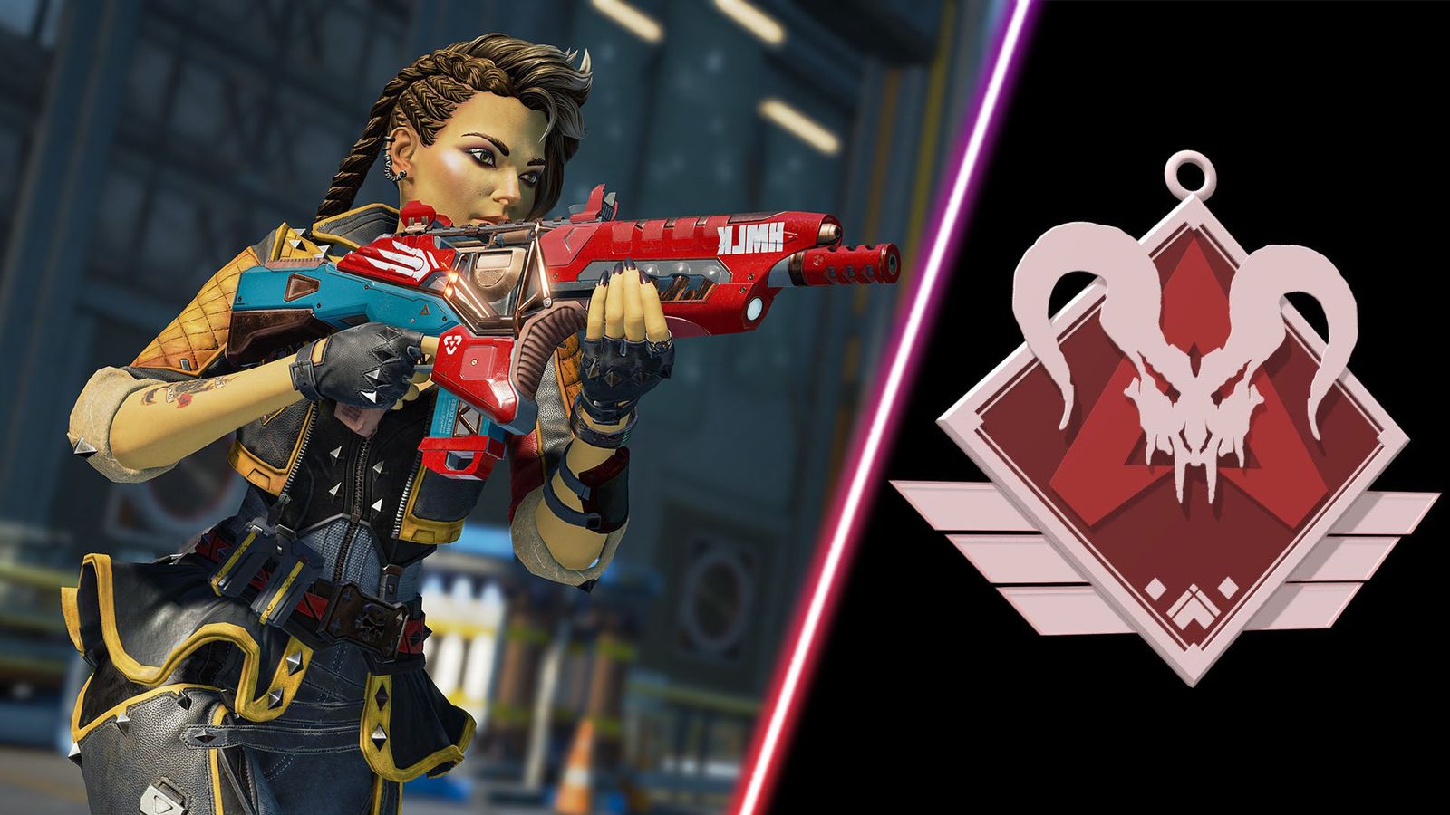 Apex Legends player aiming with gun and Apex Legends Predator badge on black background