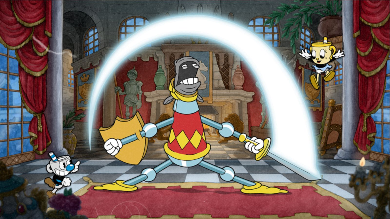 A horse enemy swings a sword at the protagonists in Cuphead: The Delicious Last Course.
