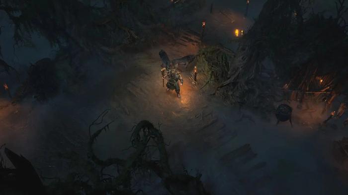 The character is somewhere in the dark forest in Diablo 4.