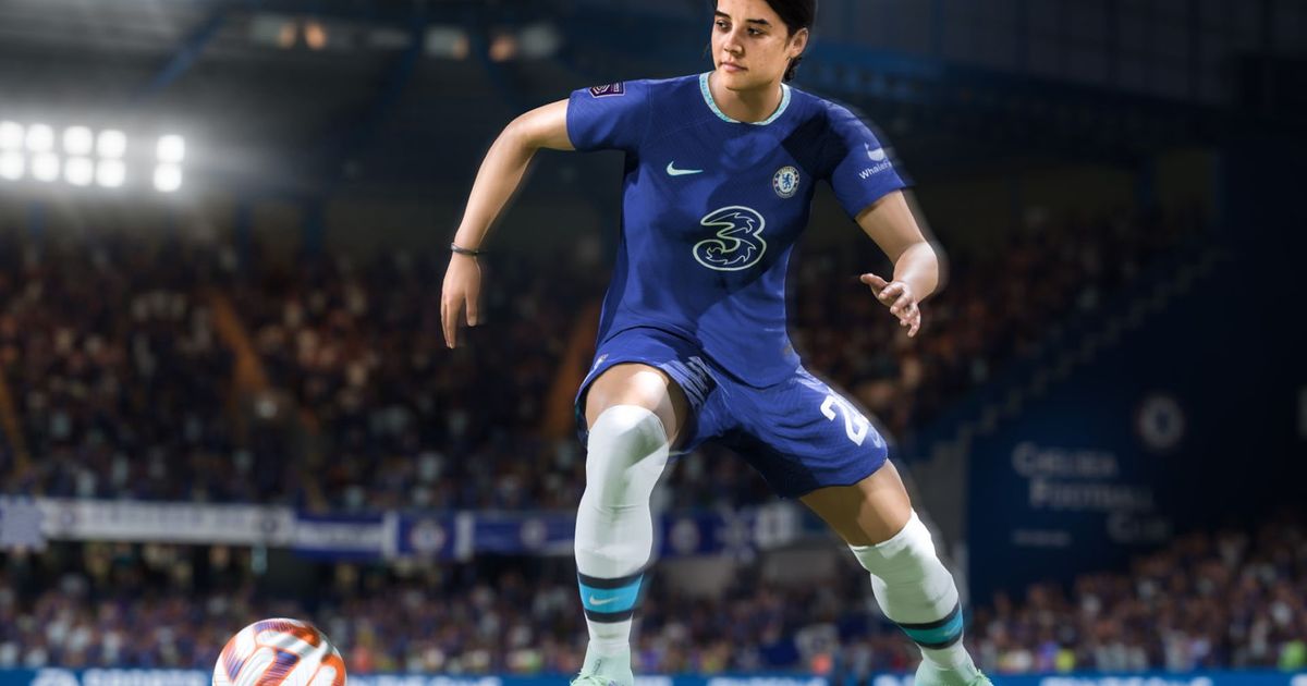 Screenshot of EA Sports FC 24 Sam Kerr standing near football with stadium crowd in background