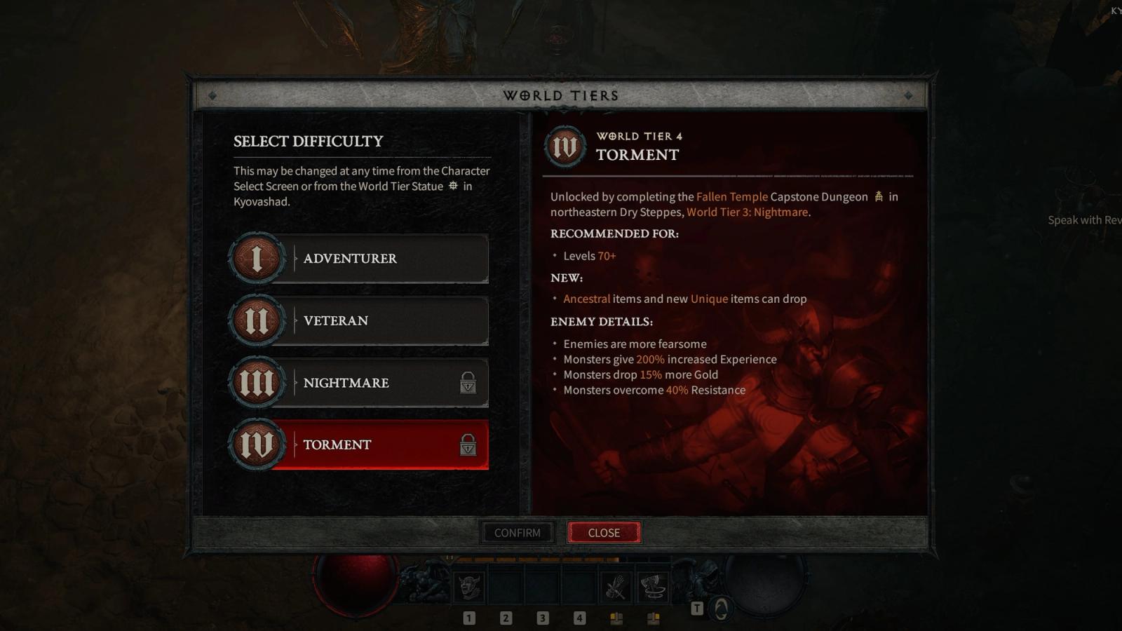 All of the World Tier options in Diablo 4's menu