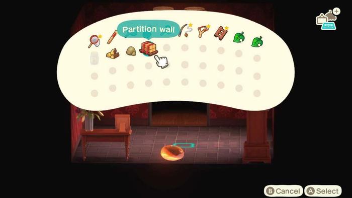 Animal Crossing New Horizons Happy Home Paradise Character Pockets are open, showing a highlighted pile of partition walls