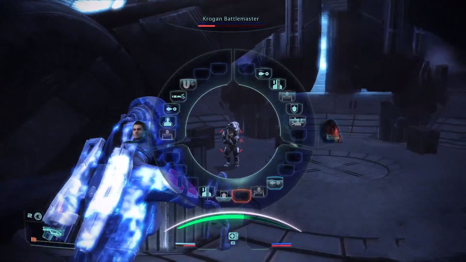 Screenshot of Mass Effect Legendary Edition. The Korgan Battlemaster is almost dead.