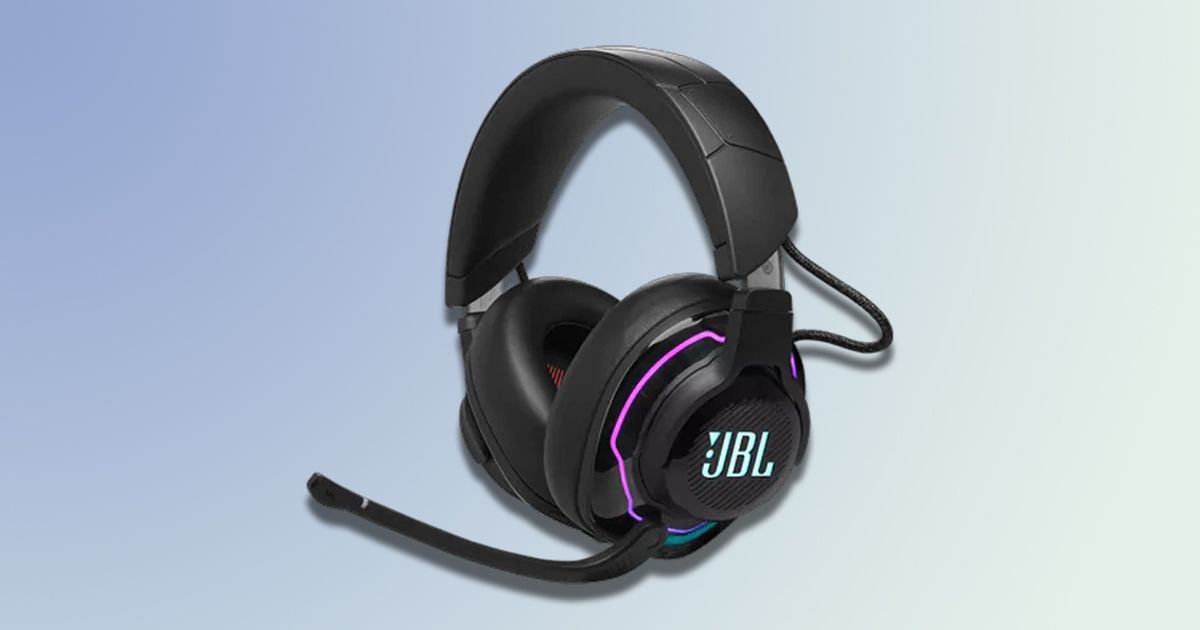 A black over-ear headset featuring pink, blue, and turquoise lighting in front of a light blue and yellow background.