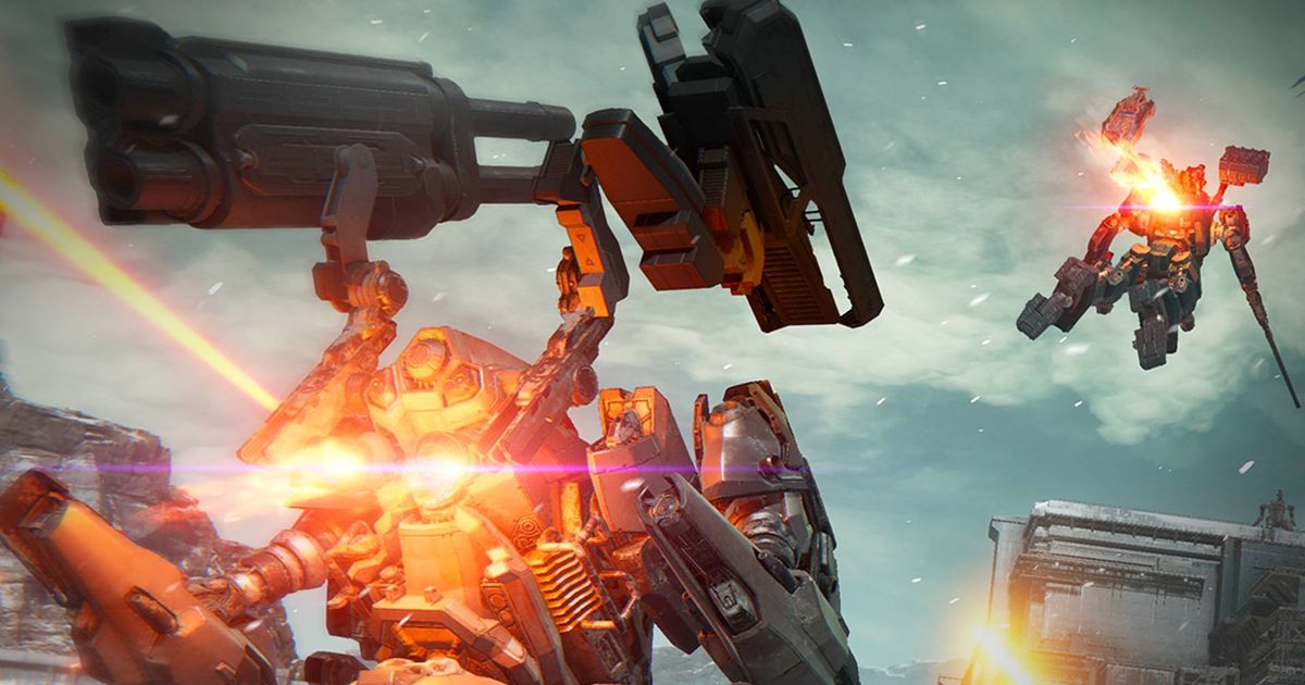 Two mechs fighting in Armored Core 6.