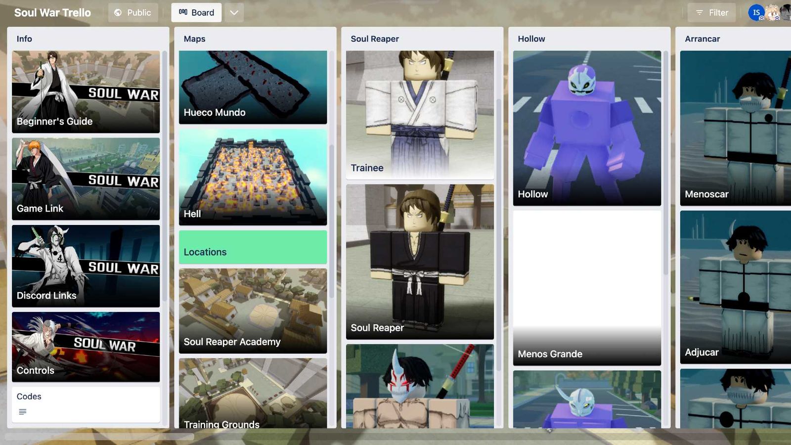 Image of the Soul War Trello board with five columns.