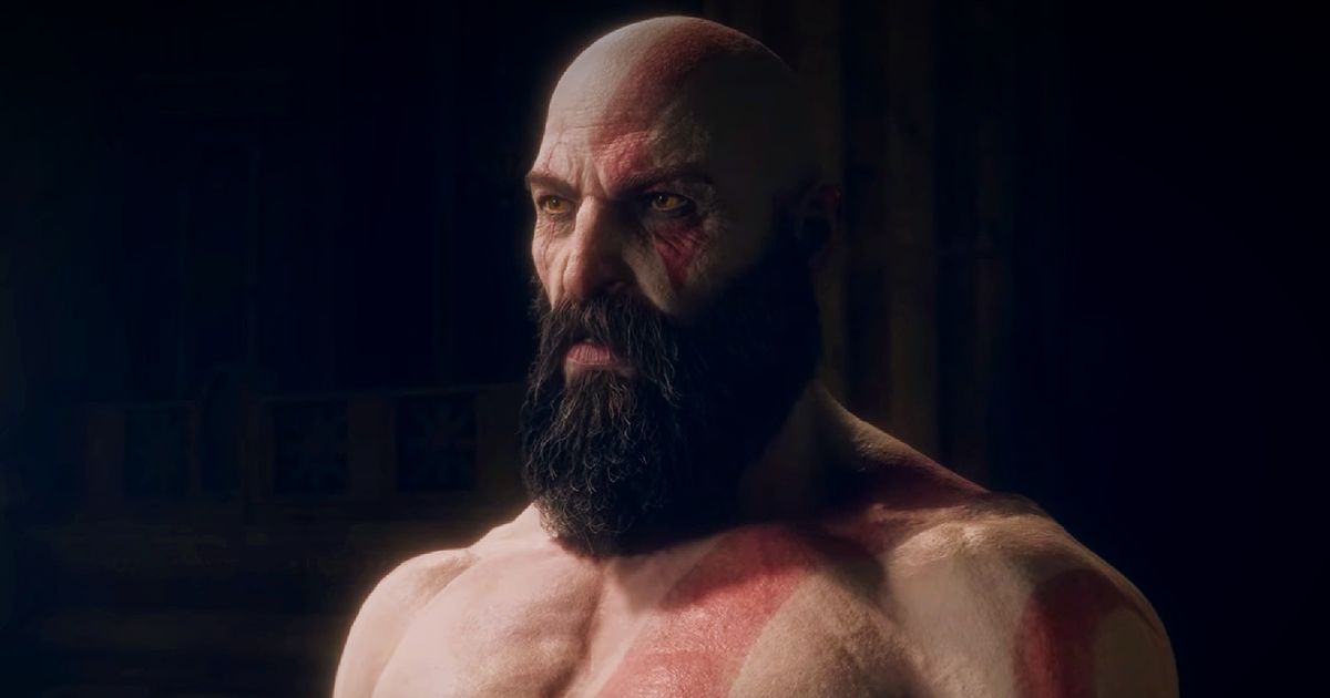 God of War Ragnarok - bald man with red face paint and large black beard scowling