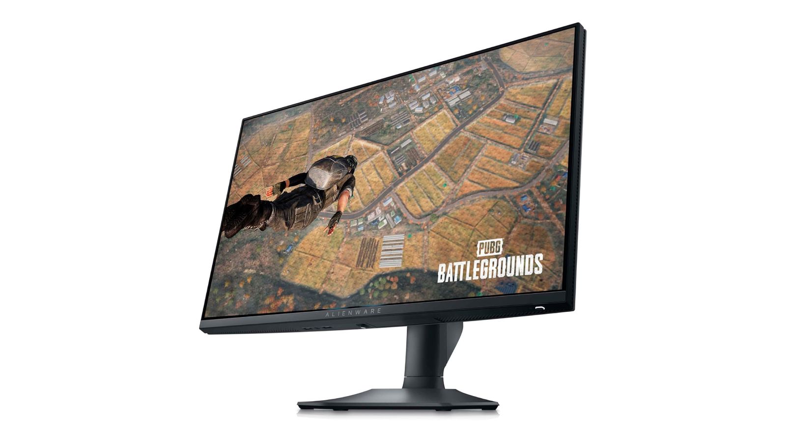 Alienware AW2523HF product image of a black monitor with PUGB Battlegrounds gameplay on the display.
