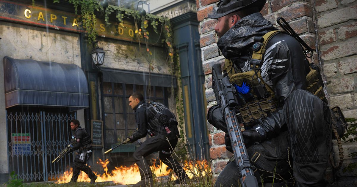 Warzone Captain Price crouching while holding sniper rifle with players in background