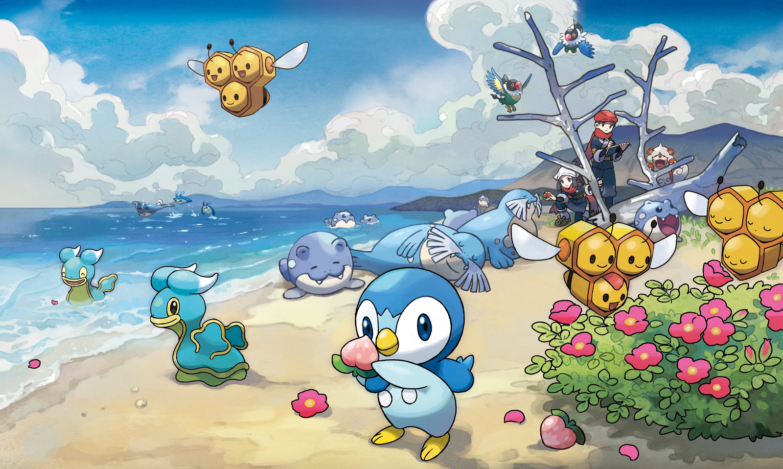 Pokemon Legends: Arceus artwork featuring Combee, Piplup, Shellos, Spheal, Walrein, Chatot, and Growlithe,
