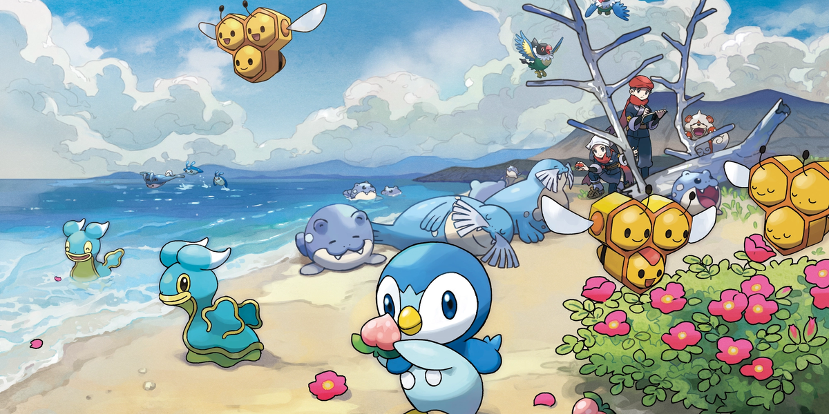 Pokemon Legends: Arceus artwork featuring Combee, Piplup, Shellos, Spheal, Walrein, Chatot, and Growlithe,