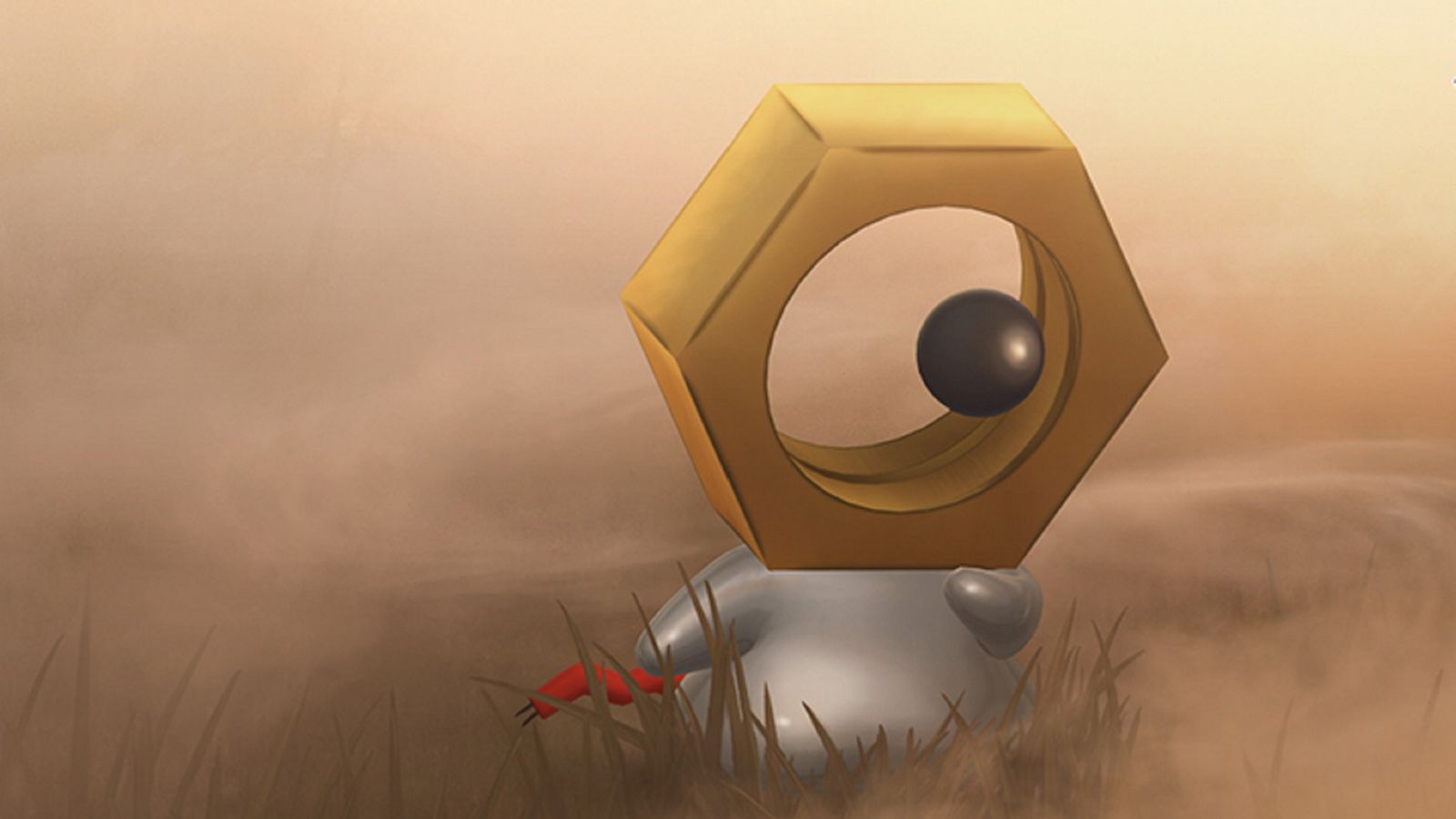 A small silver and gold Meltan looks a little confused, with dust swirling around it.
