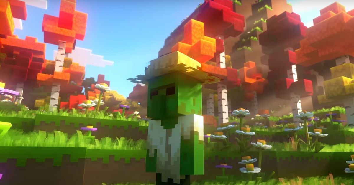 A zombie roaming around, wearing a canvas hat in Minecraft Legends.