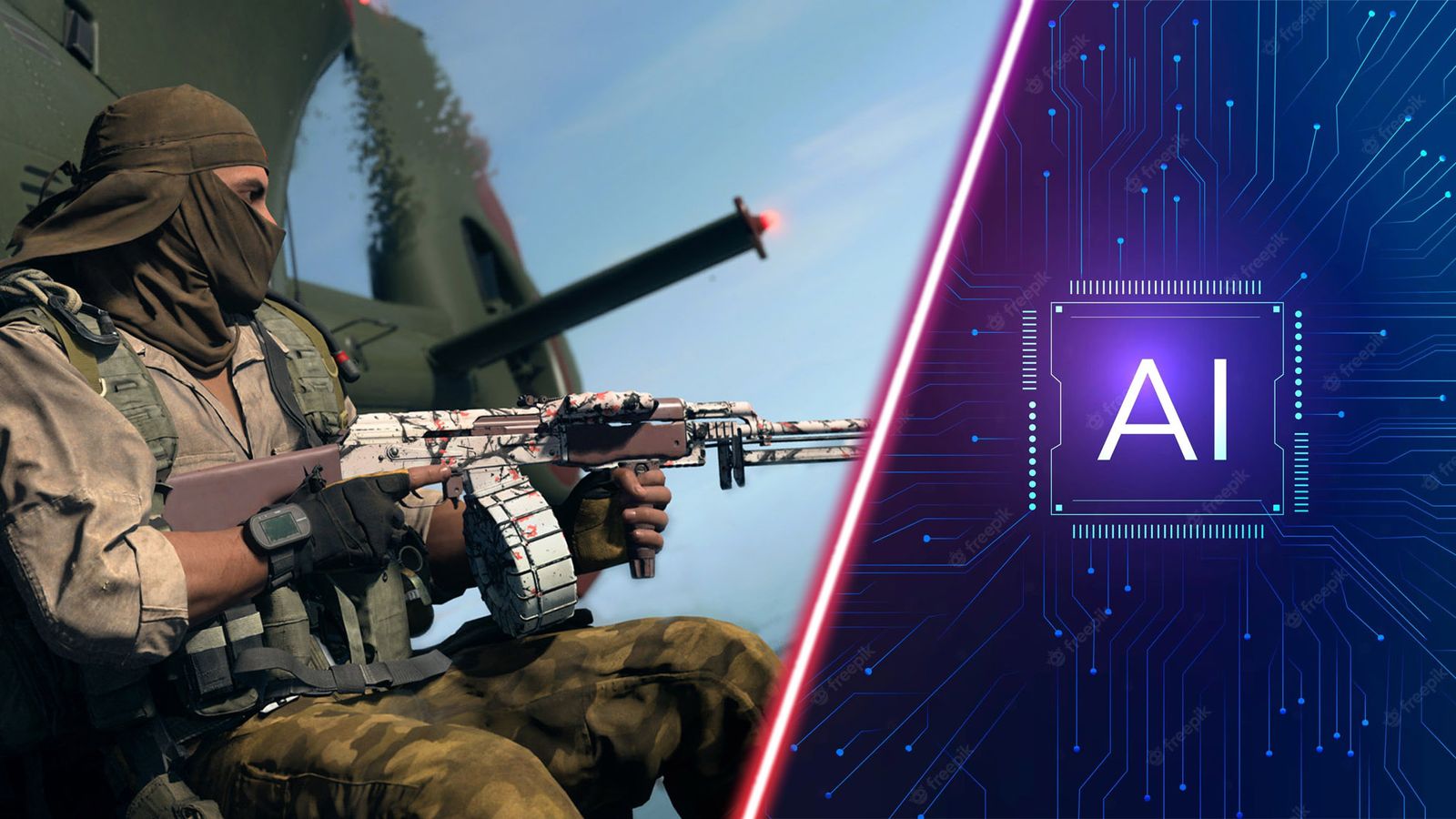 Modern Warfare 2 player holding gun and AI logo on purple background